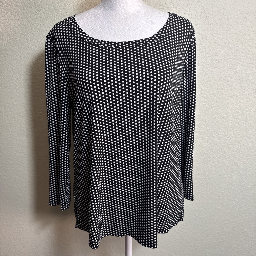 Chicos Dotted Blouse Womens 1 M 8 Black White Knit Pullover Stretch Work Casual